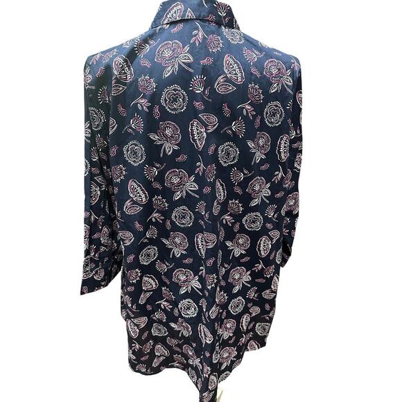 Woman Within Button Up Top L 18/20 Blue Floral 3/4 Sleeves Cotton Mature Casual - Picture 3 of 7